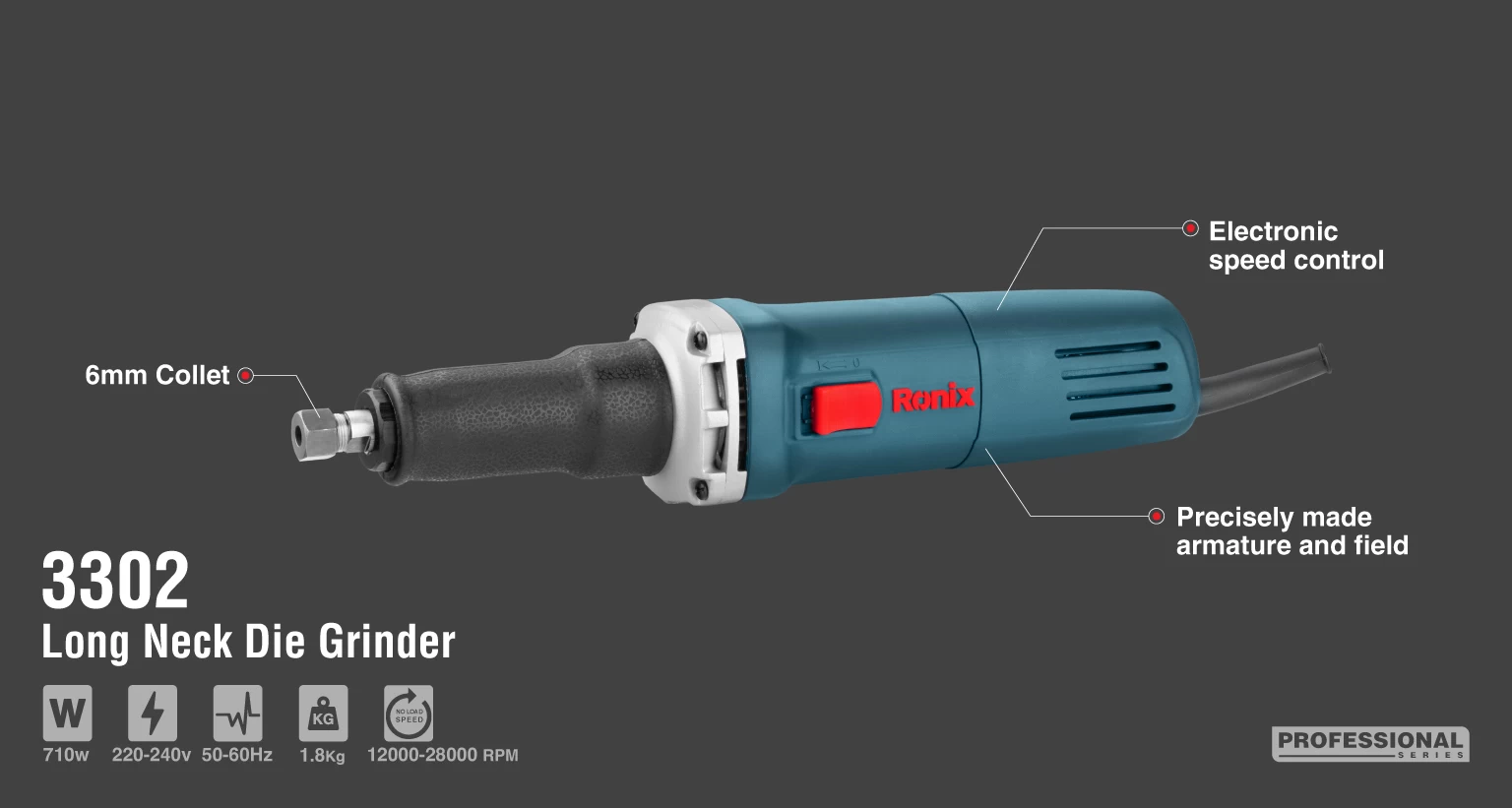 Прямая шлифмашина, 710 Вт, 12000 ОБ/мин | 🧰 Ronix Tools