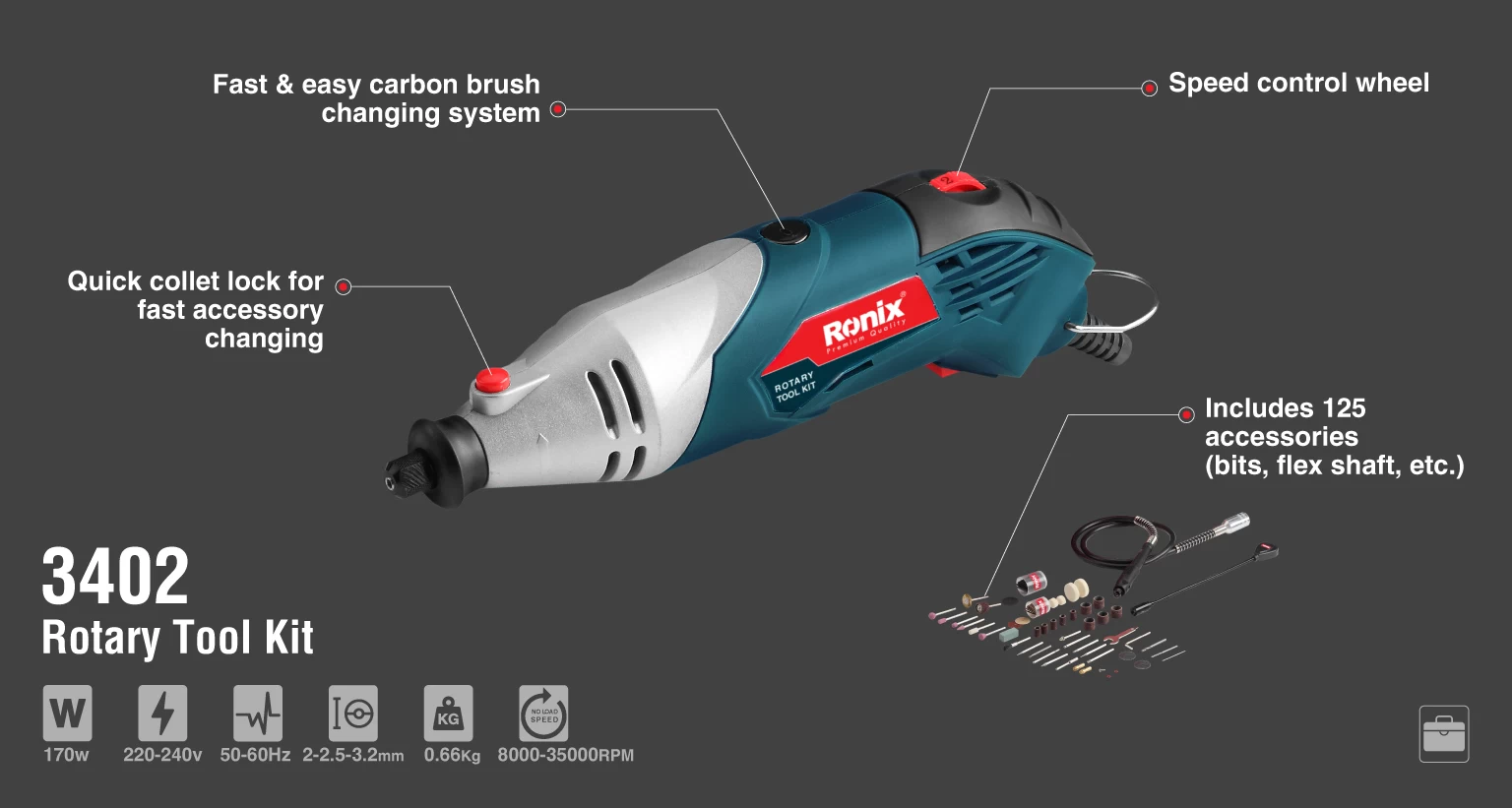 Rotary Tool Kit, 170W, 125 Accessories_details