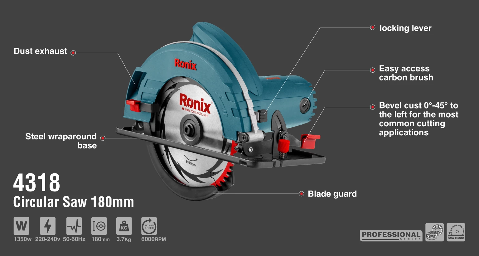 Elektrikli Daire testere Sunta kesme 180mm – 1350W– 6000 dev/dk - 90° ve 45°_details