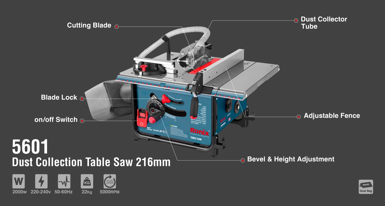 Dust Collection Table Saw, 216mm, 2000W_details