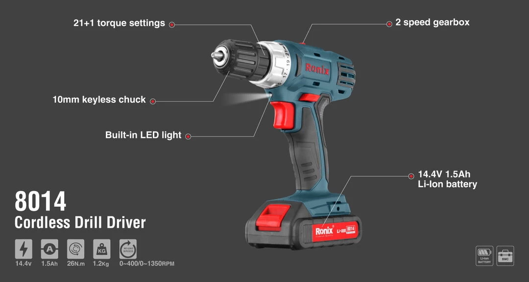 Ronix 14.4V Cordless drill driver- Mega series 8014 with information