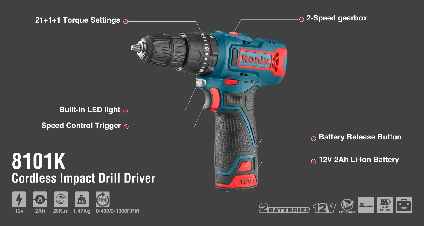 Cordless Impact Drill Driver Kit, 12V, 28N.M_details