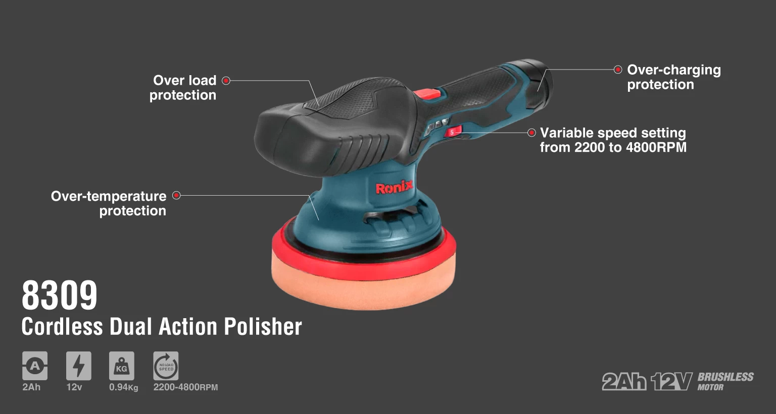 Cordless dual action Polisher 150mm_details