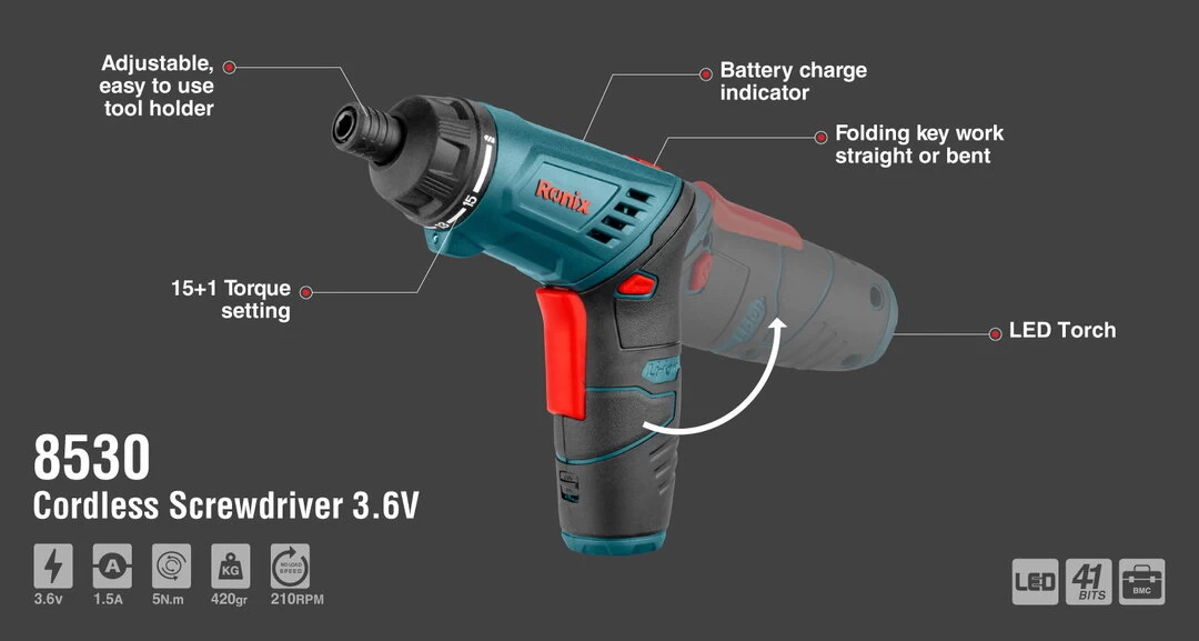 Ronix 3.6V Cordless screwdriver 8530 with information