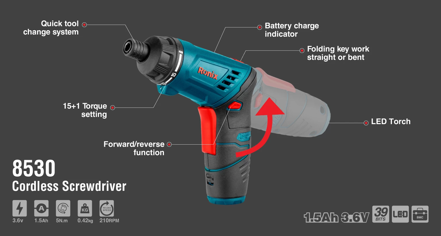 Foldable Cordless Screwdriver, 3.6V, 5N.M_details