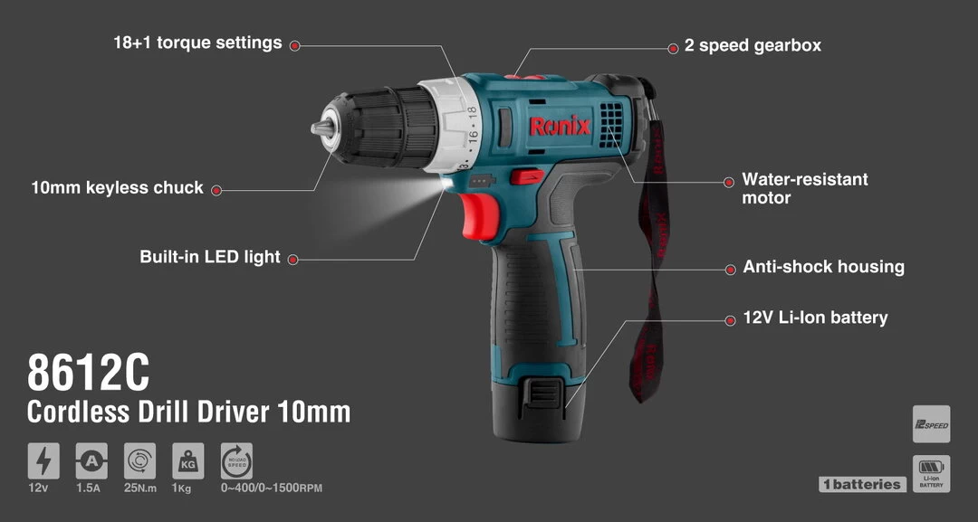 Ronix 12V Cordless drill- Single battery 8612C with information