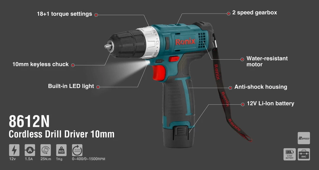 Ronix 12V Cordless drill- Single battery 8612N with information