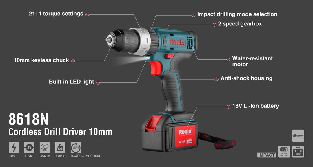 Ronix Cordless Drill Driver 18V 8618N with information
