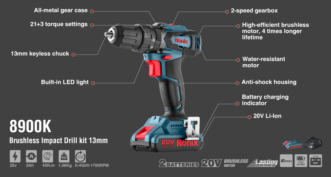 Cordless Impact Drill Kit, 20V, 13mm, Brushless Series_details