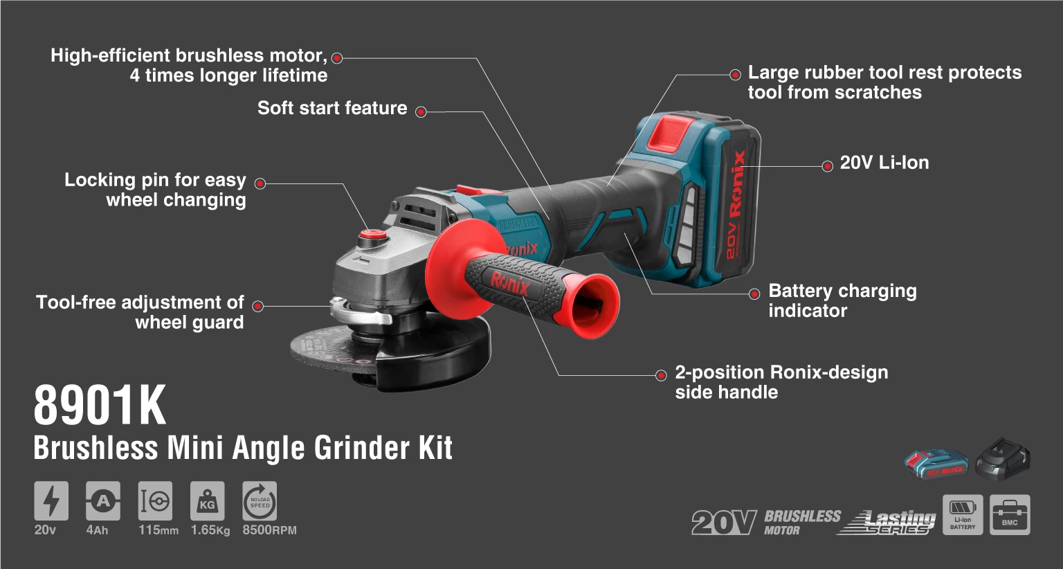 20v Brushless mini angle grinder kit 115mm_details