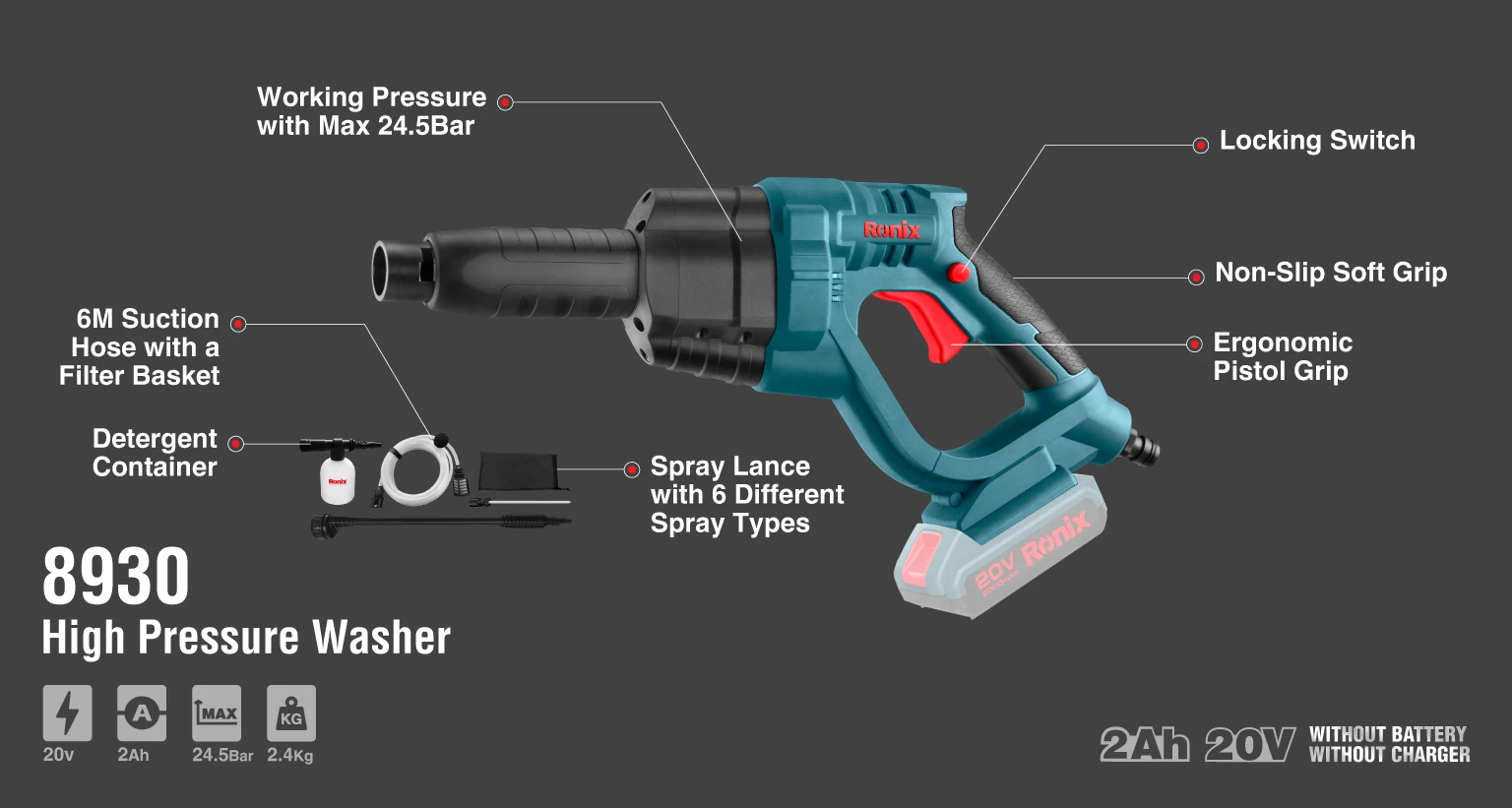 Ronix 8930 Cordless High pressure Washer 24.5Bar 2 L Min