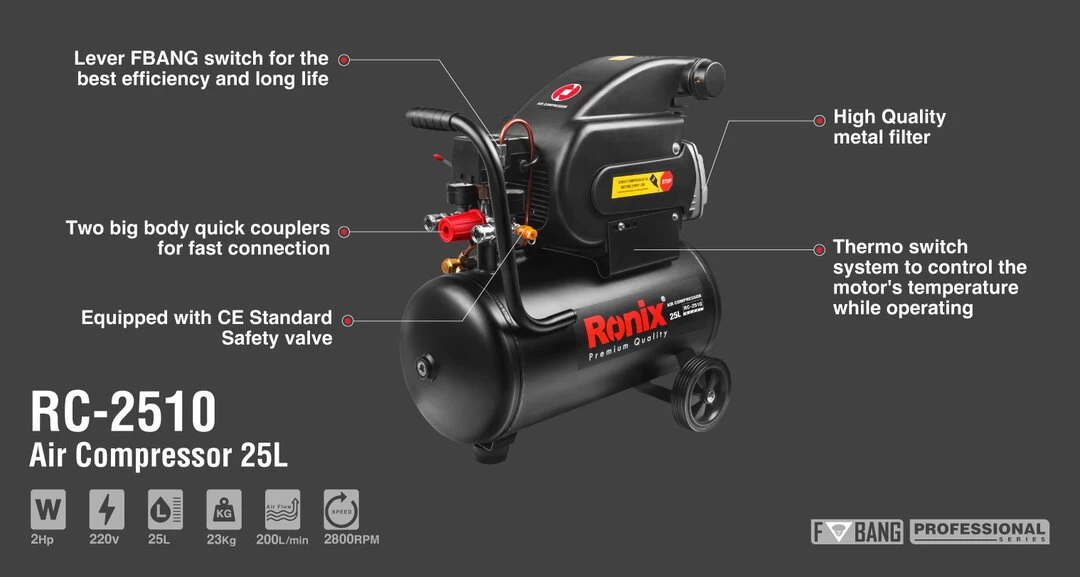 Ronix Air Compressor- 25L RC-2510 with information