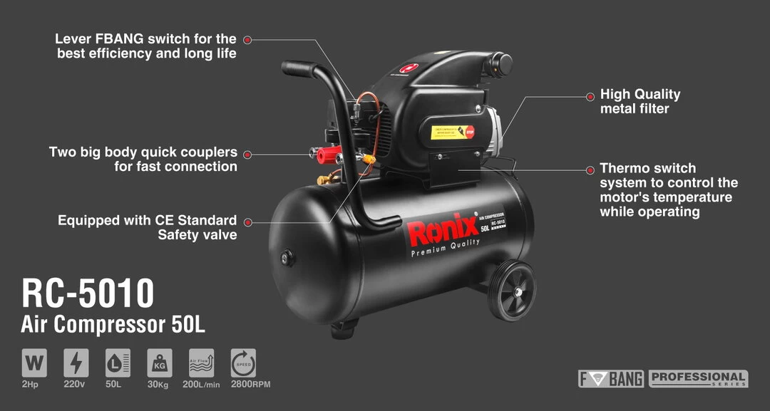 Ronix Air Compressor-50 L RC-5010 with information