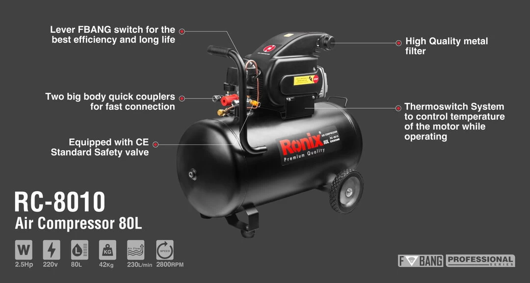 Ronix Air Compressor -80L RC-8010 with information