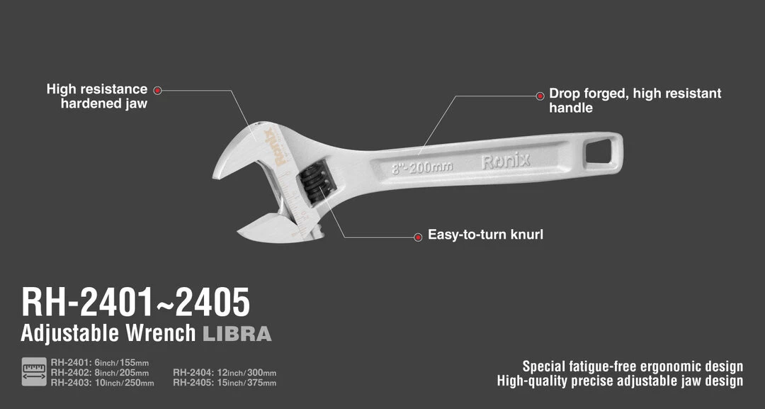 Ronix Adjustable Wrench-8 inch/Libra Series RH-2402 with information