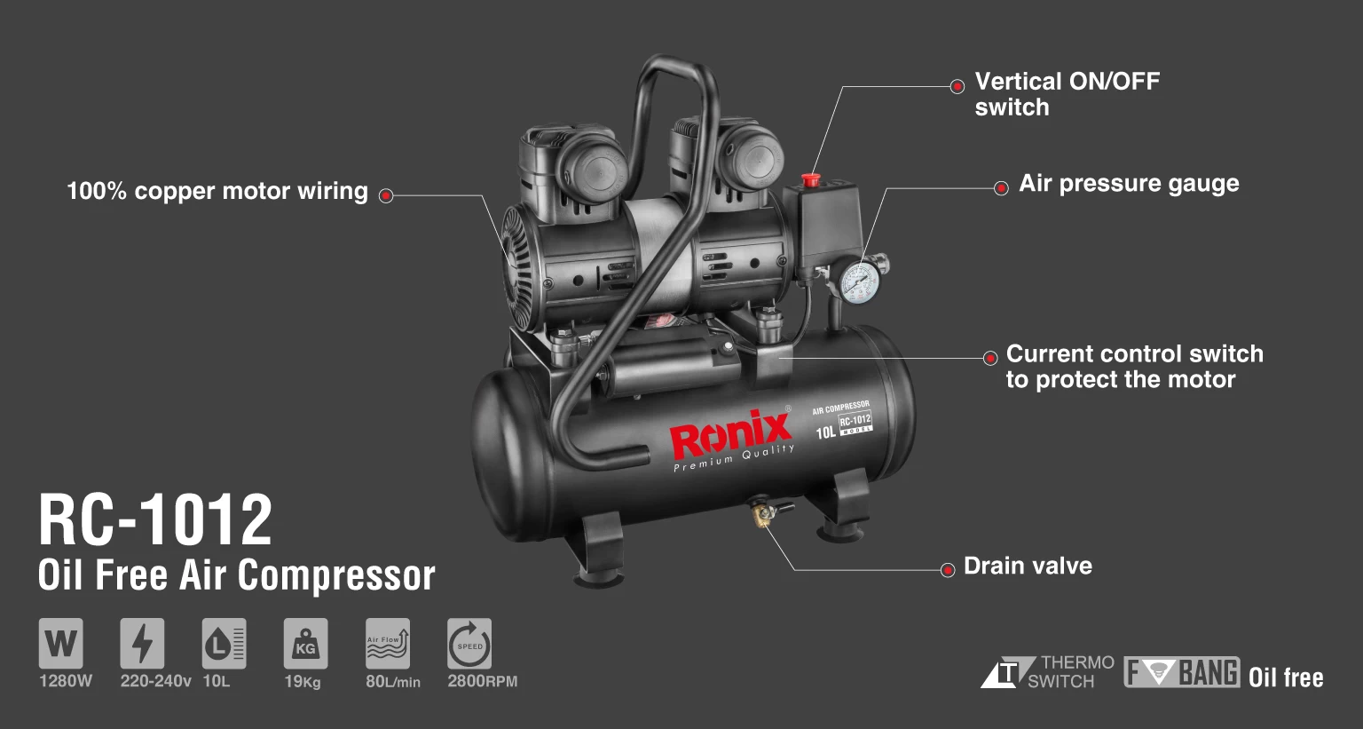 Silent Air Compressor 10L-1280W _details