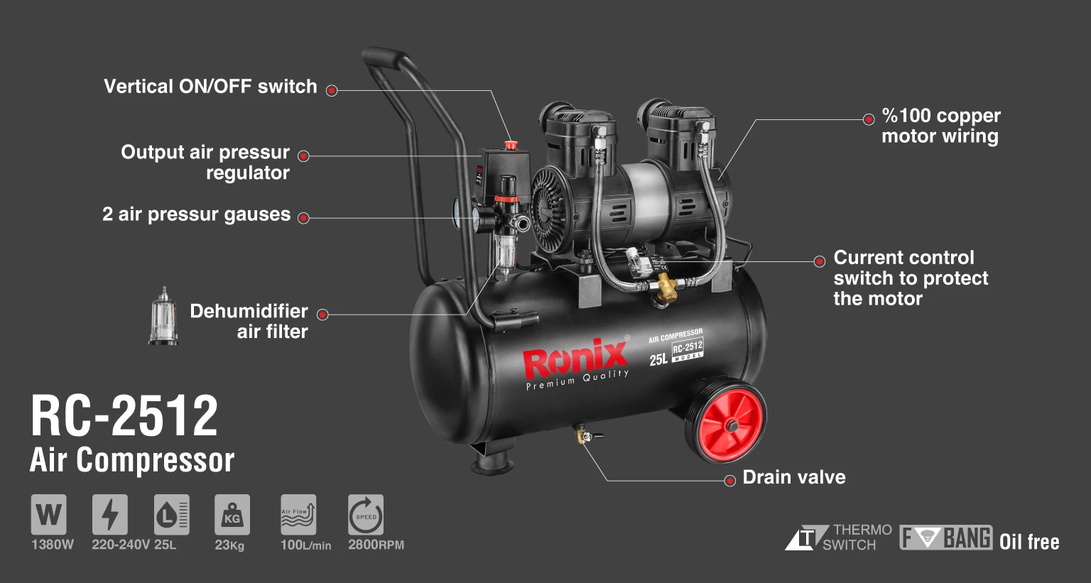 Air Compressor, 8 Bar, 25L, 1.8HP_details