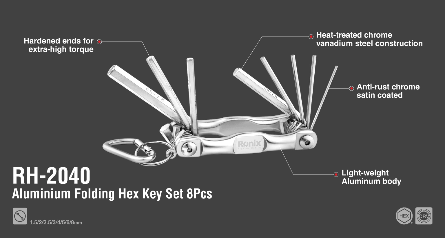Çakı tipi Alyan anahtar – Düz HEX uç – 8 parça - askılı_details