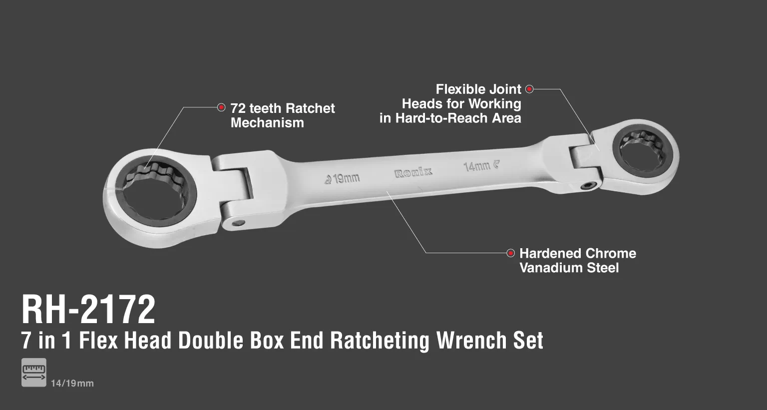 Ronix RH-2172 7-in-1 72- teeth Flex-Head Ratcheting Wrench Set, 5-degree  swing, Cr-V, Sizes 8-19 mm