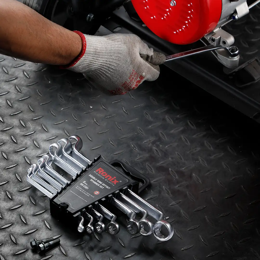 Double Ring offset Spanner set (8pcs) with plastic Rack