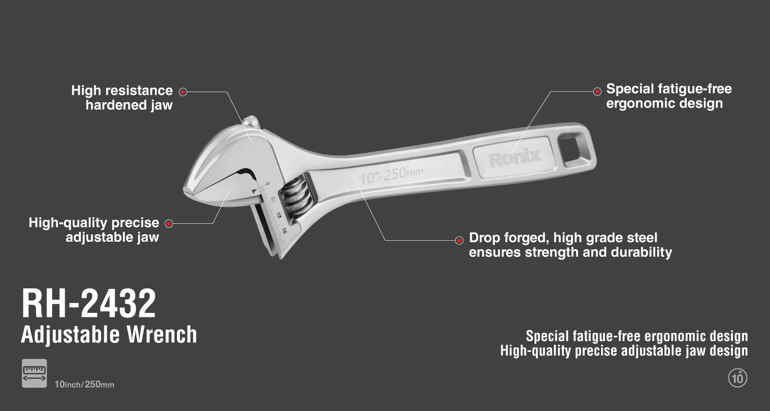 Adjustable Wrench 10 inch Chrome Series_details