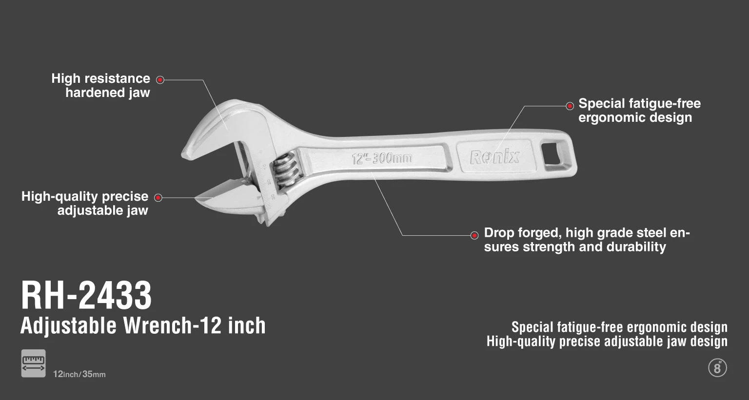 Adjustable Wrench 12 inch Chrome Series_details