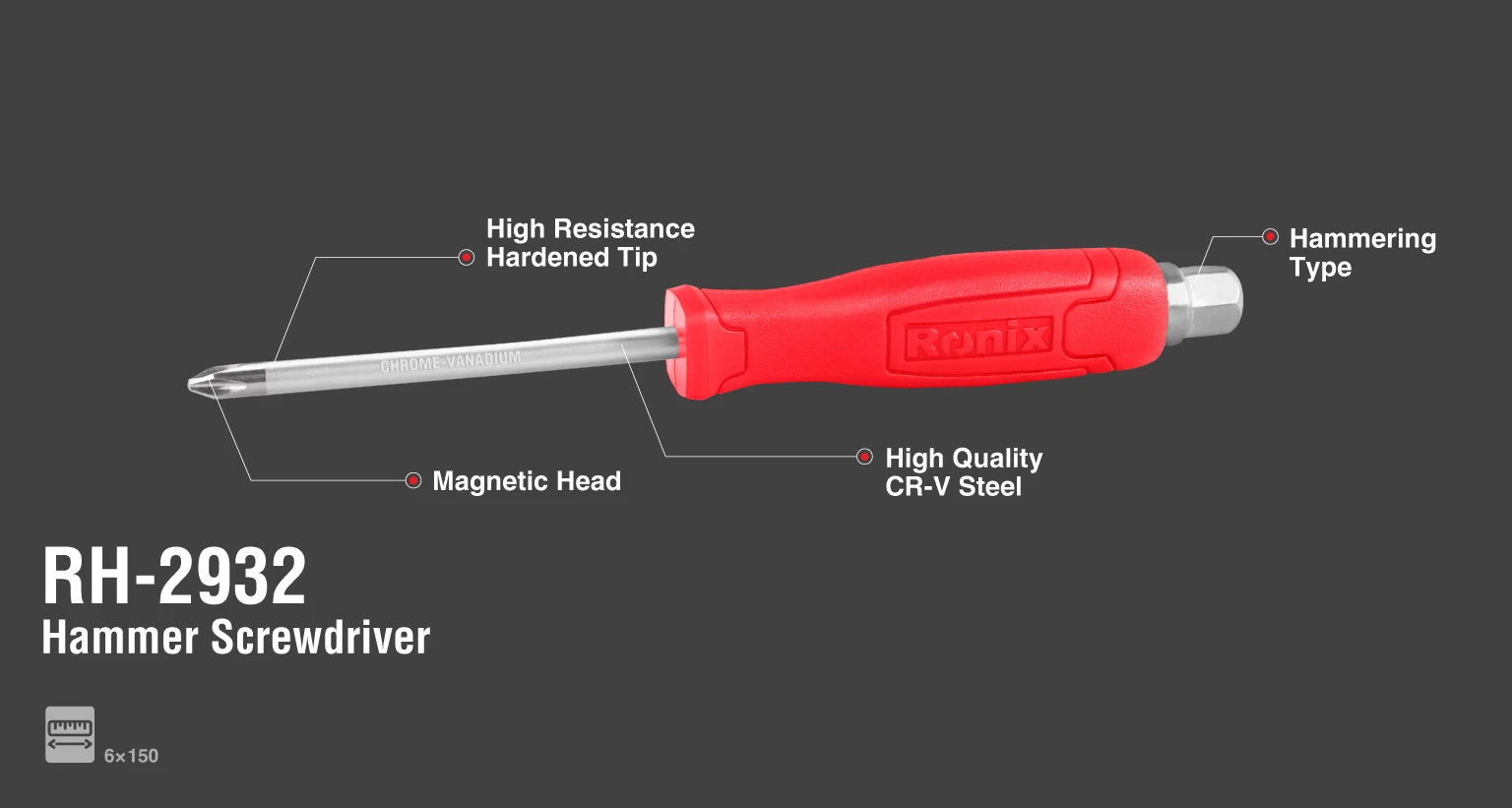 Plastic Handel Phillips Hammer Screwdriver 6x150mm_details