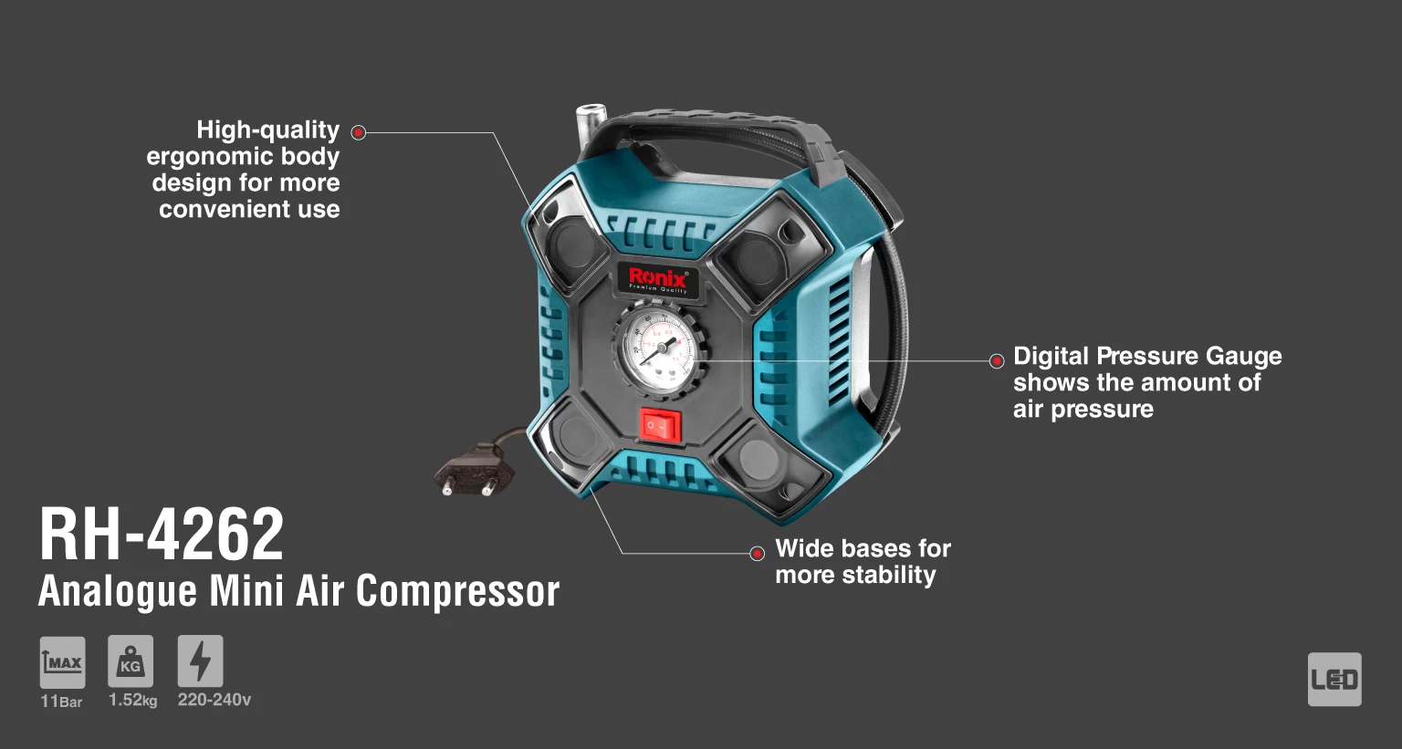 Analogue Mini Air Compressor, 11Bar, AC 220V_details