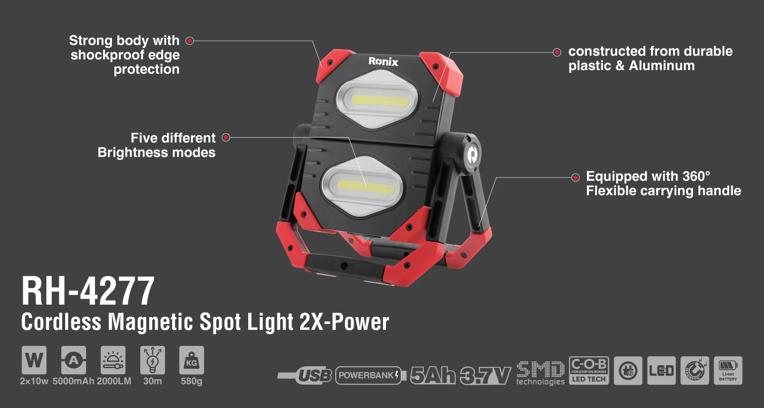 Cordless Magnetic spot light 2X-power 2000lm_details