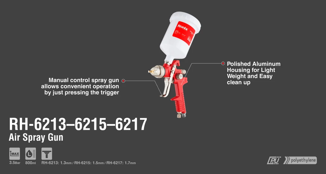 مسدس الرش الهوائي 1.3 ملیمتر المزود بکأس بلاستيکي RH-6213 من رونیکس