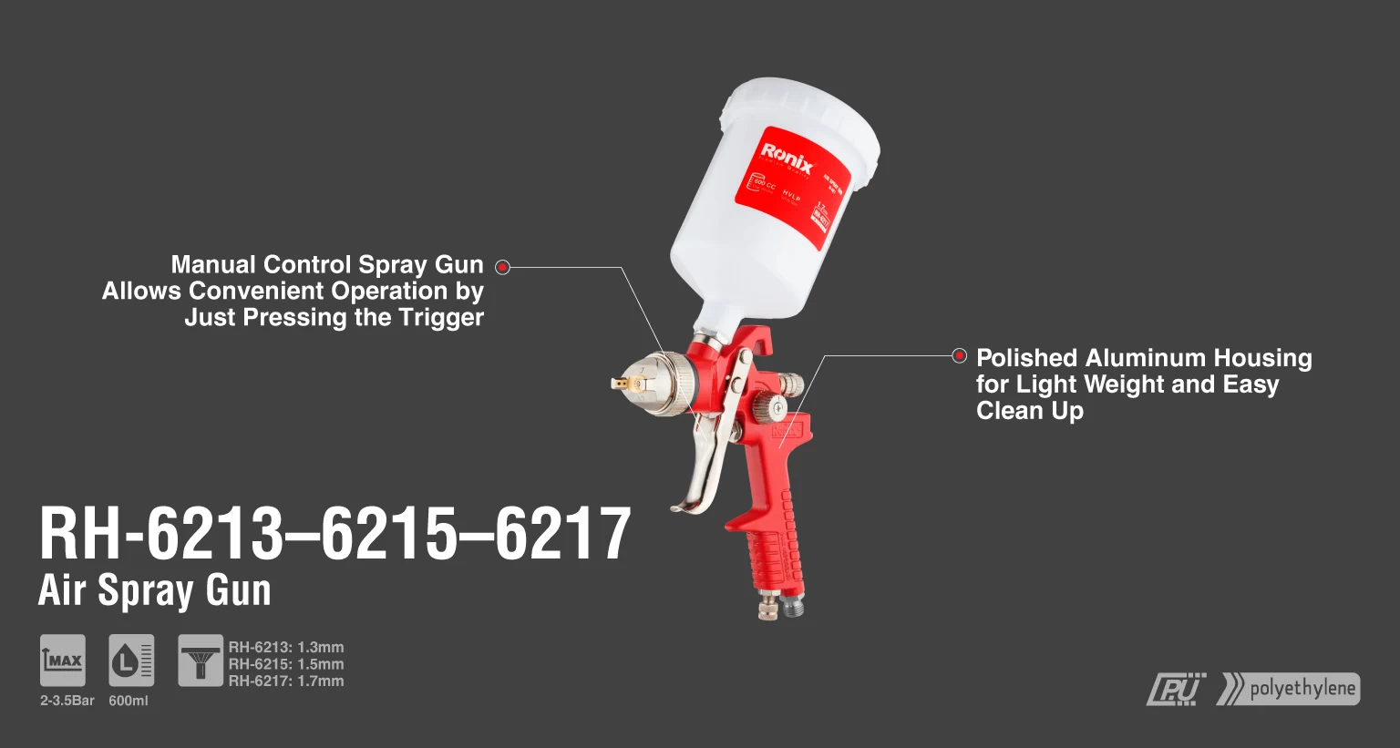 HVLP Air Spray Gun, 2-3.5Bar, 1.3mm Nozzle_details