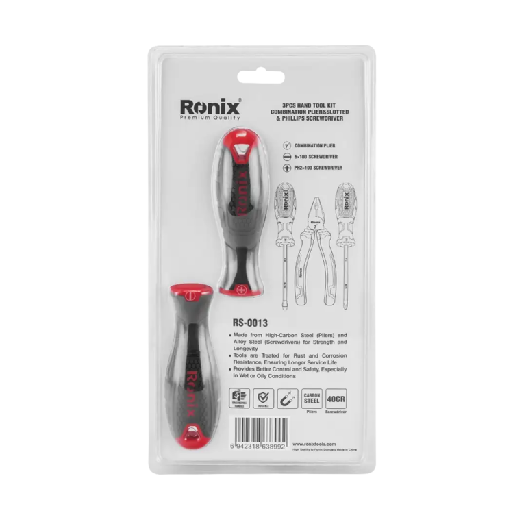 3pcs Hand Tool Kit (Combination Plier-Slotted Phillips Screwdriver)